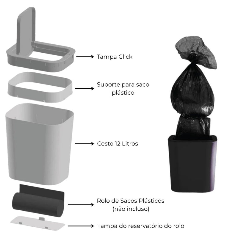 Lixeira com Tampa Click 12 Litros - Refil Bobina