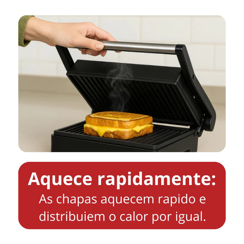 Grill Elétrico Inox Sanduicheira Antiaderente Vermelho