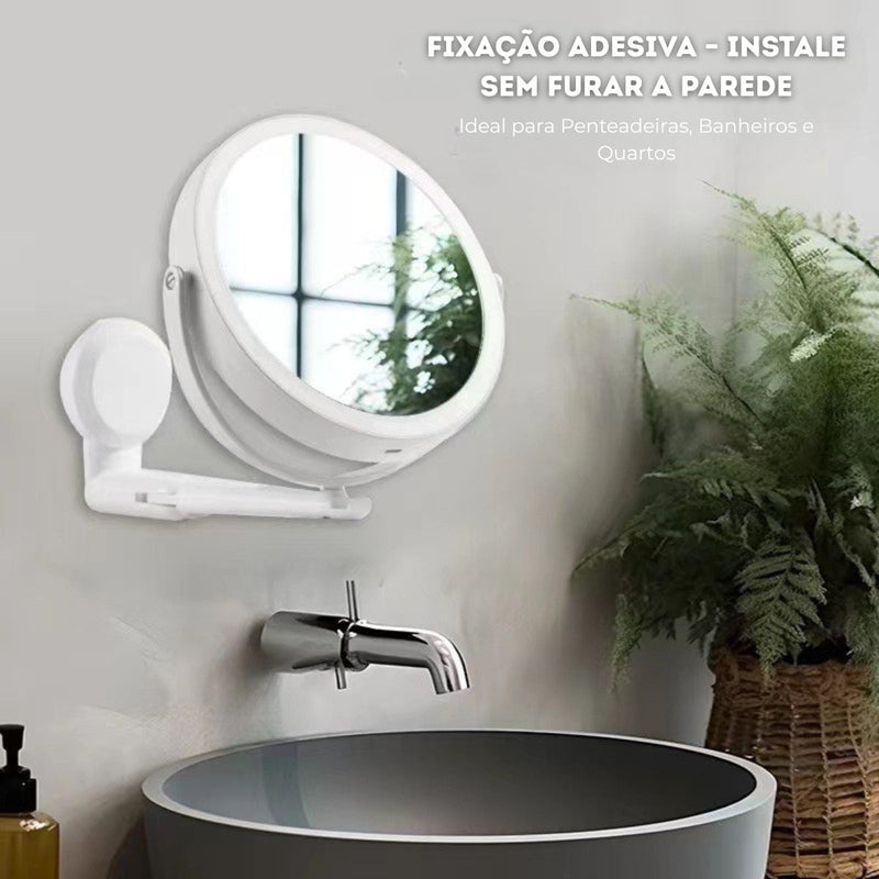 Espelho de Parede Adesivo com LED, Aumento 5x e Giro 360°