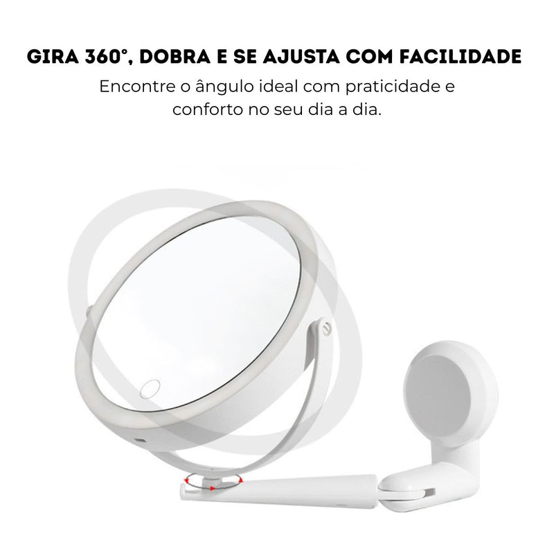 Espelho de Parede Adesivo com LED, Aumento 5x e Giro 360°
