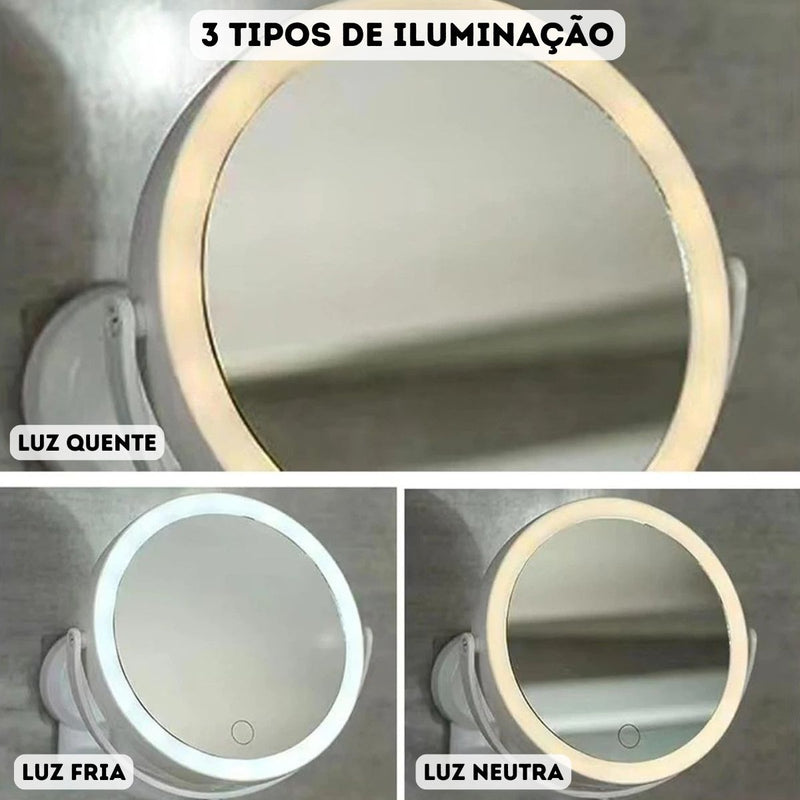 Espelho de Parede Adesivo com LED, Aumento 5x e Giro 360°