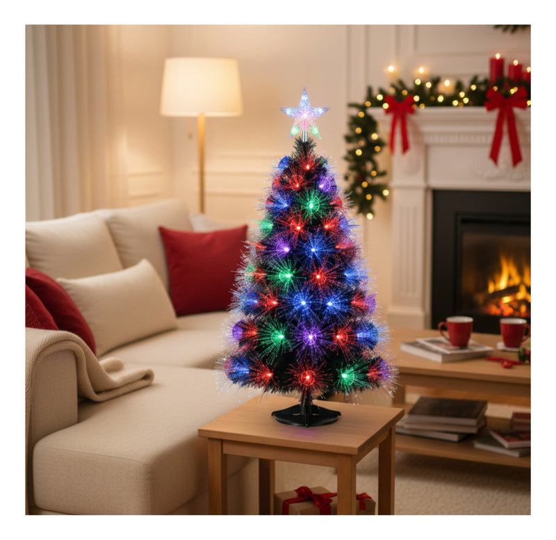 Mini Árvore de Natal Pinheirinho Fibra Óptica e Enfeites LED