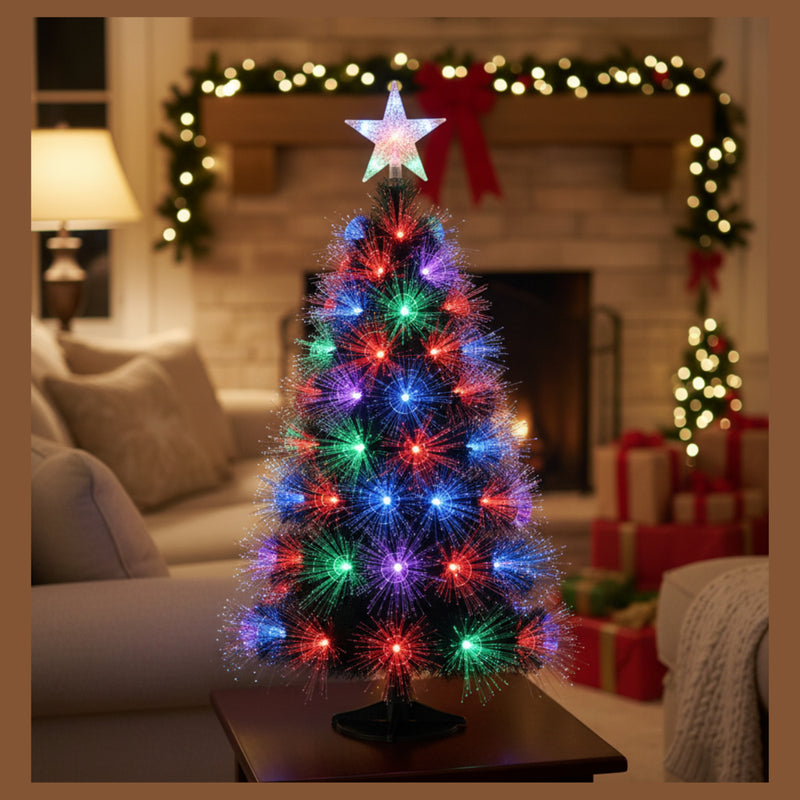 Mini Árvore de Natal Pinheirinho Fibra Óptica e Enfeites LED