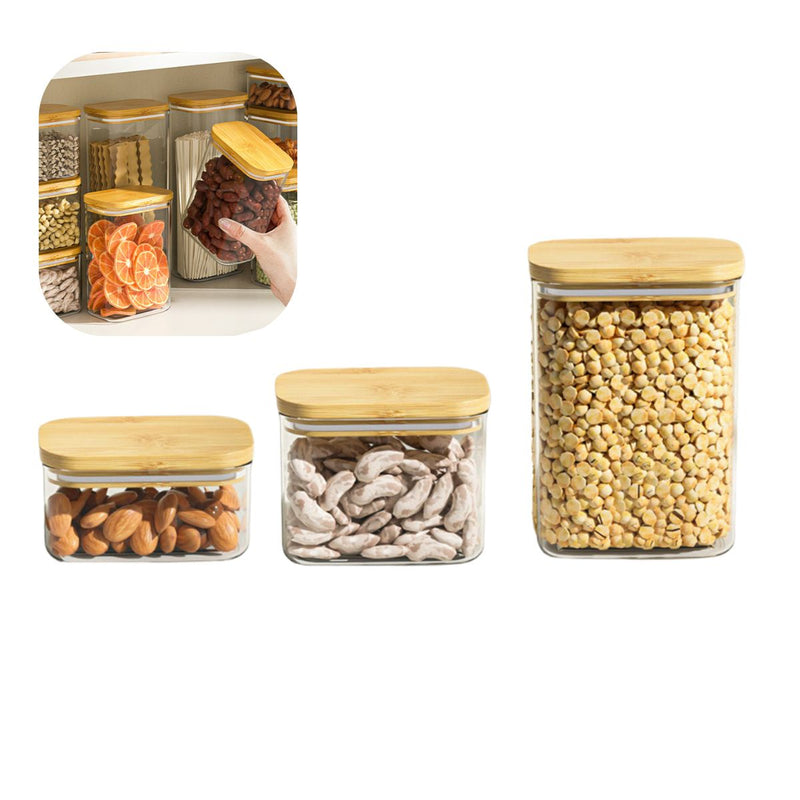 Kit 3 Potes Hermeticos tampa de bambu