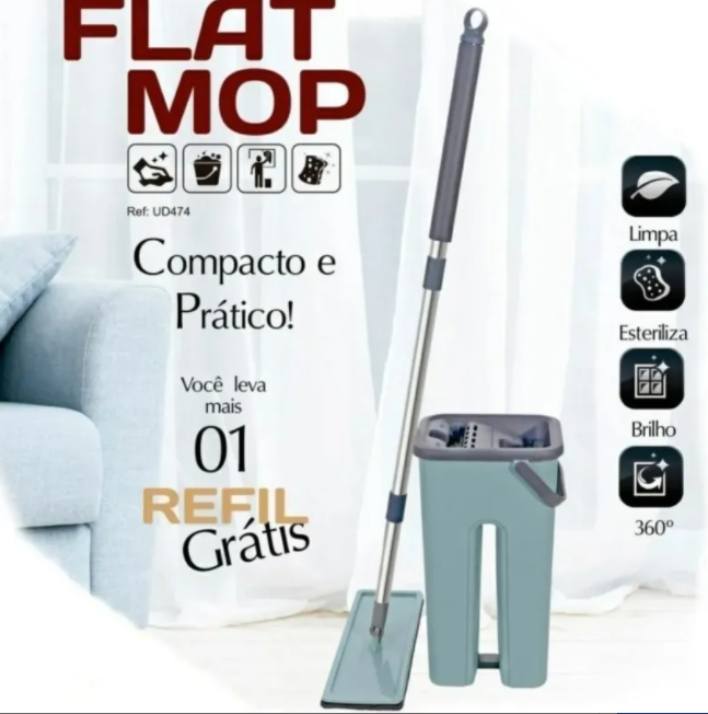 Mop Rodo Tira Po Esfregão Com 2 refis Balde Flat Wash And Dry + refil